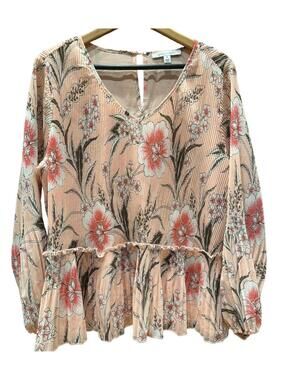 Single Thread Vneck blouse floral long sheer sleeve 1X sheer accordion lined